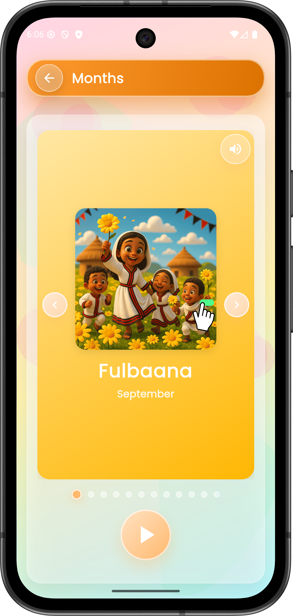 Months of the year learning screen in Afan Oromo on phone